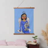 Donker Haired Engel Blauw Jurk Engel Kat op Cloud Hangend Wandkleed (Slaapkamer)