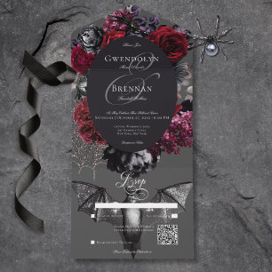 Donker Halloween Glam Bloemen Grijs Bruiloft QR Co All In One Uitnodiging