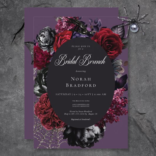 Donker Halloween Glam Bloemen Paarse Bridal Brunch Kaart