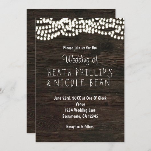 Donker Hout Rustieke String Lights Bruiloft Uitnod Kaart (Voorkant / Achterkant)
