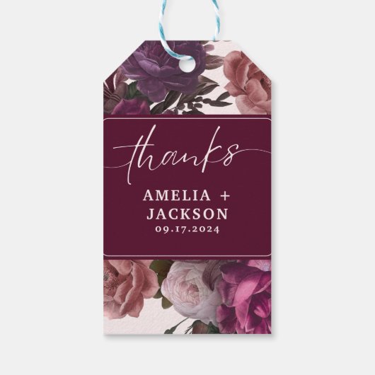 Donker humeurig bordeaux & paarse bloemenbruilofts cadeaulabel (Achterkant)