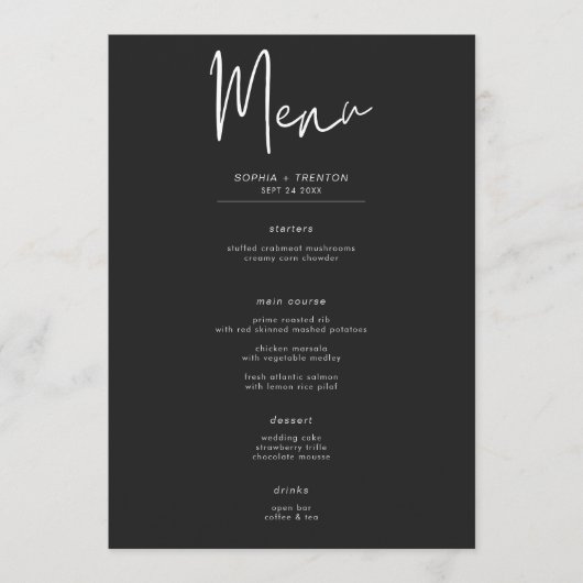 Donker humeurig minimaal effen bruiloft menu (Voorkant)