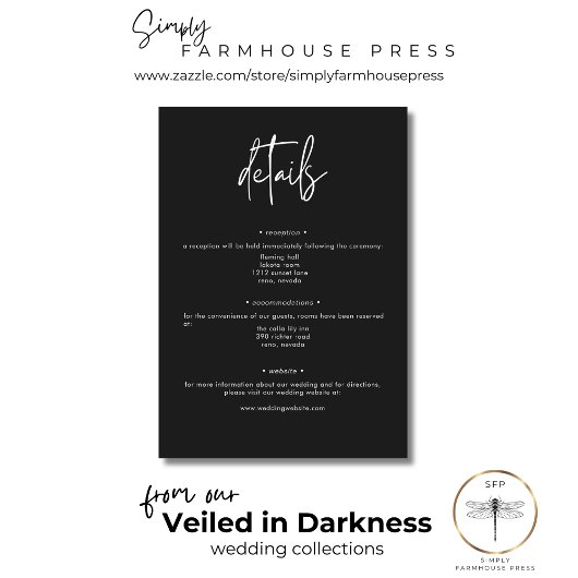 Donker humeurig minimale bruiloft details informatiekaartje