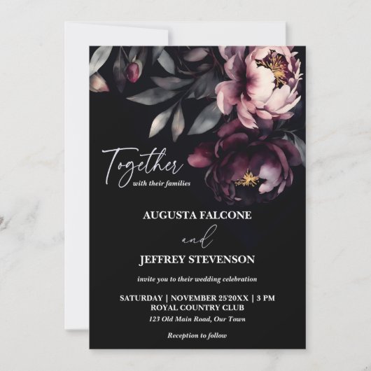 Donker humeurig noir elegant alles in één bruiloft kaart (Voorkant)