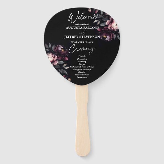 Donker humeurig noir elegant trouwprogramma handwaaier (Voorkant)