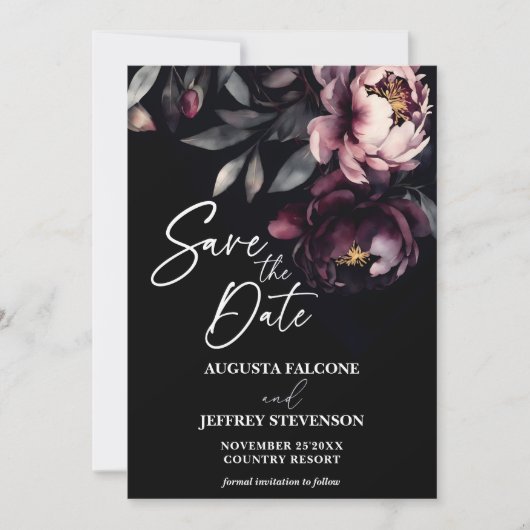 Donker humeurig noir elegante bordeaux pioenrozen save the date (Voorkant)
