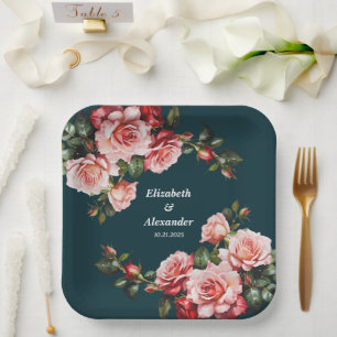 Donker humeurig roze en rode rozen blauwgroen brui papieren bordje