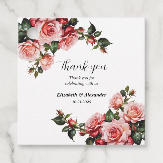 Donker humeurig roze en rode rozen bruiloft bedankjes labels (Voorkant)