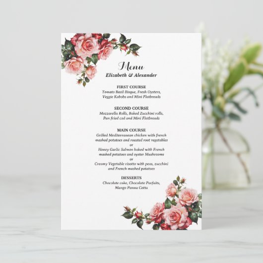 Donker humeurig roze en rode rozen bruiloft menu (Staand voorkant)