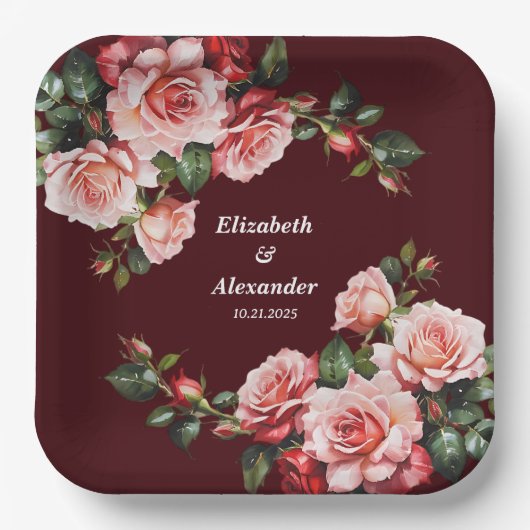 Donker humeurig roze en rode rozen kastanjebruin b papieren bordje (Voorkant)