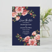 Donker humeurig roze en rode rozen marine blauw br save the date (Staand voorkant)