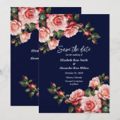 Donker humeurig roze en rode rozen marine blauw br save the date (Voorkant / Achterkant)