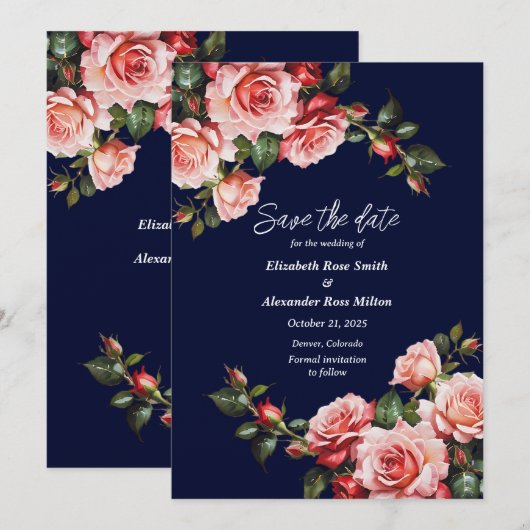 Donker humeurig roze en rode rozen marine blauw br save the date (Voorkant / Achterkant)