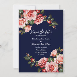 Donker humeurig roze en rode rozen marine blauw br save the date