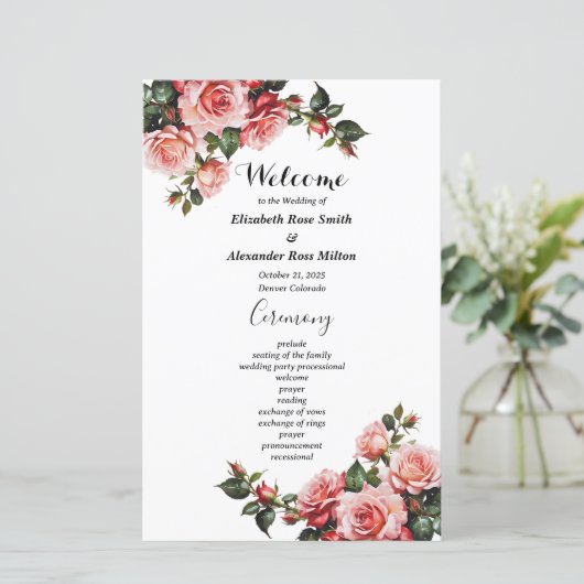 Donker humeurig roze rode rozen bruiloft programma (Staand voorkant)