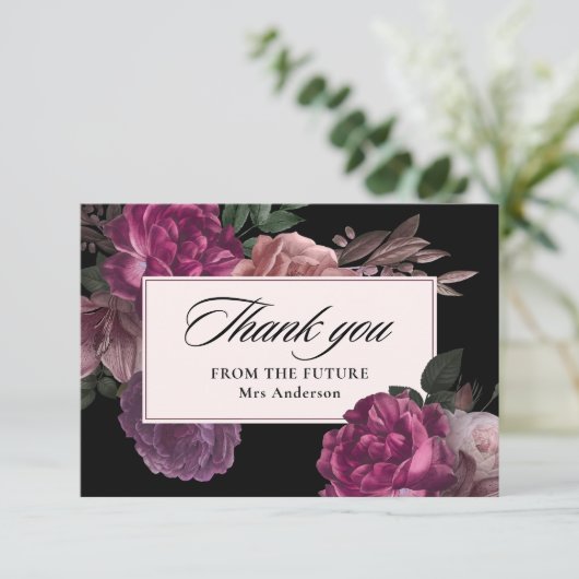 Donker humeurig waterverf bloemenzwart Vrijgezelle Bedankkaart (Staand voorkant)