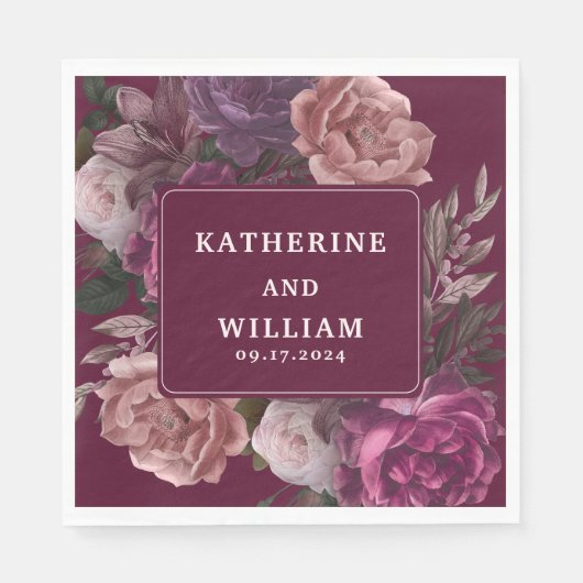 Donker humeurige bordeaux en paarse bloemenbruilof servet (Voorkant)