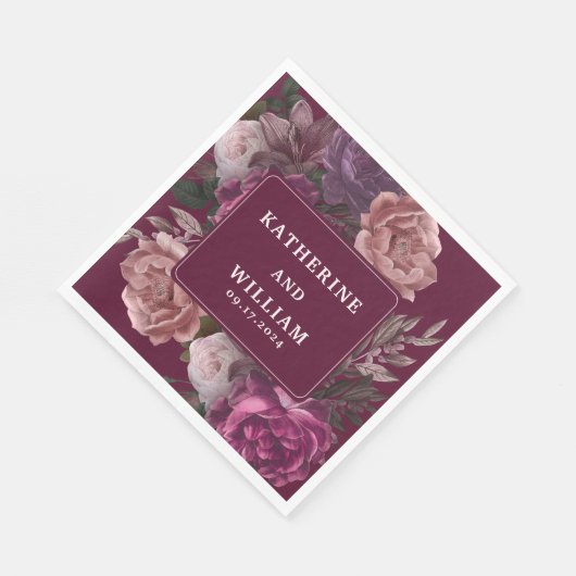 Donker humeurige bordeaux en paarse bloemenbruilof servet (Hoek)