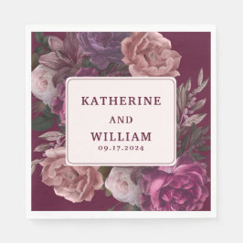 Donker humeurige bordeaux en paarse bloemenbruilof servet