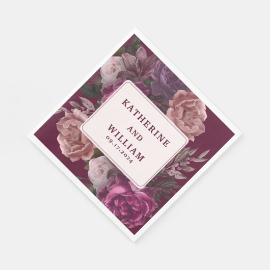 Donker humeurige bordeaux en paarse bloemenbruilof servet (Hoek)