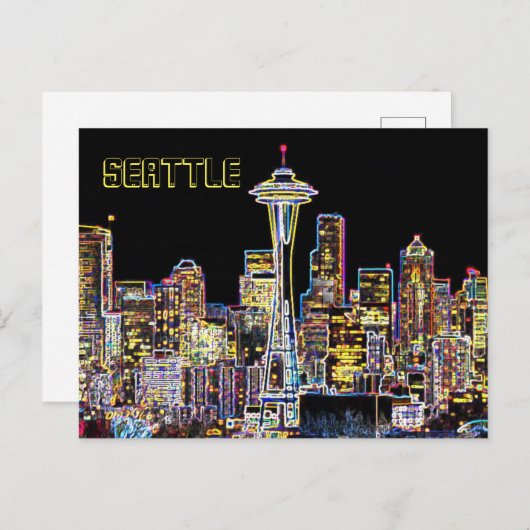 Donker is de nachtelijke Luminous Seattle Skyline Briefkaart (Voorkant / Achterkant)