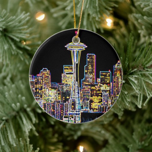 Donker is de nachtelijke Luminous Seattle Skyline Keramisch Ornament (Boom)