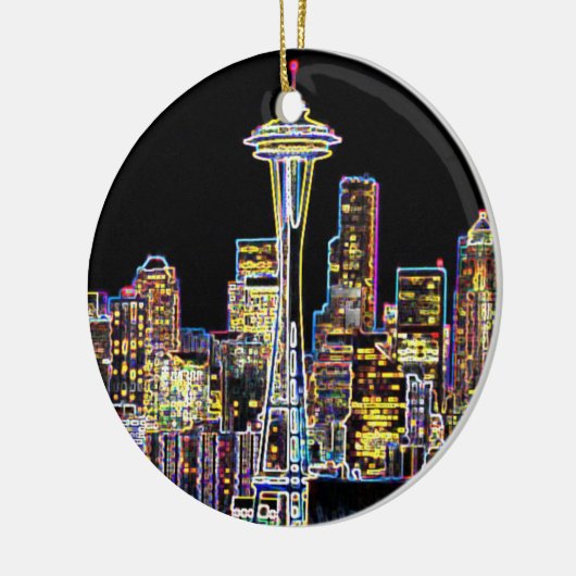 Donker is de nachtelijke Luminous Seattle Skyline Keramisch Ornament (Links)