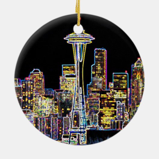 Donker is de nachtelijke Luminous Seattle Skyline Keramisch Ornament (Achterkant)