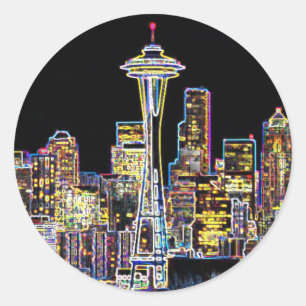 Donker is de nachtelijke Luminous Seattle Skyline Ronde Sticker