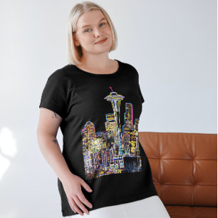 Donker is de nachtelijke Luminous Seattle Skyline T-shirt
