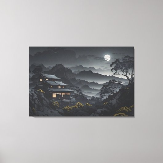 Donker Japans Nacht Landschap Moonlight Tempel Canvas Afdruk (Voorkant)
