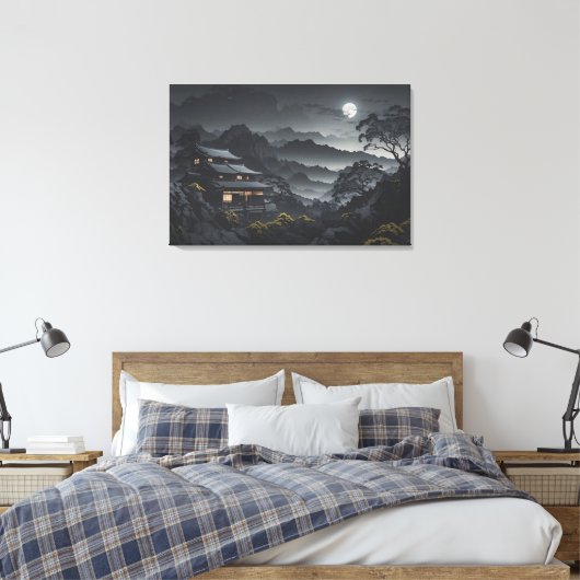 Donker Japans Nacht Landschap Moonlight Tempel Canvas Afdruk (Insitu (Slaapkamer))
