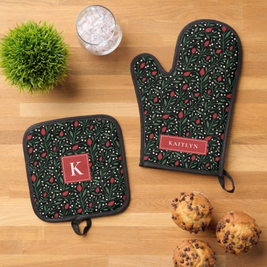Donker Kerstmis Bloemen Monogram Naam Ovenwant & Pannenlap Set (Top down)