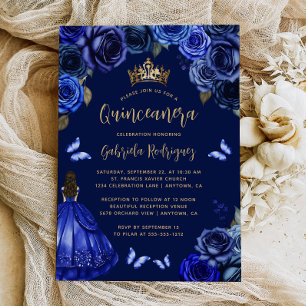 Donker Koningsblauwe Bloemige Princess Quinceañera Kaart