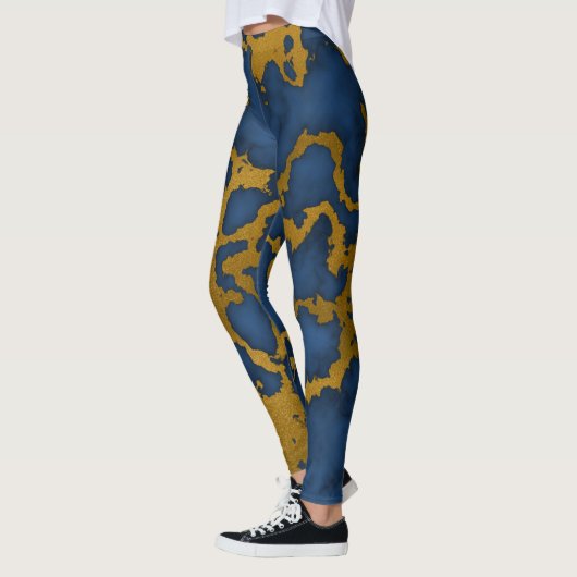 Donker Koninklijk Blauw en Goud Marmeren Textuur O Leggings (Links)