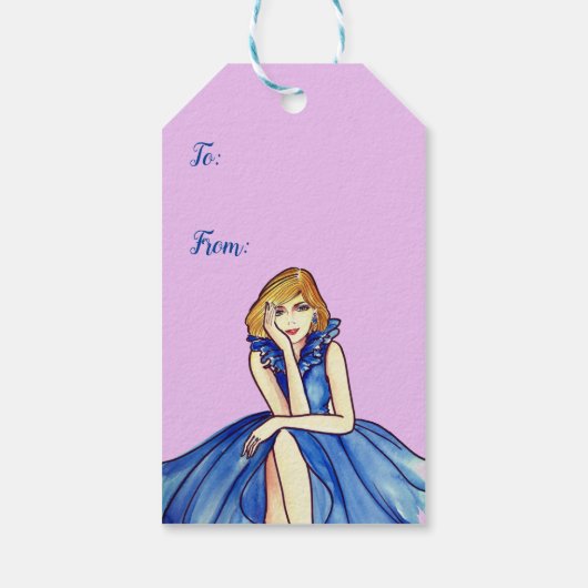 Donker koninklijkblauwe cocktailjurk mode-illustra cadeaulabel (Achterkant)