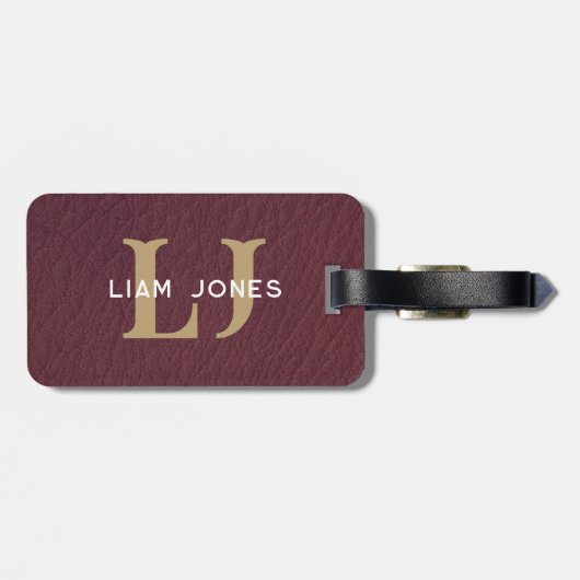 Donker Lederen Initialen Monogrammed Modern  Bagagelabel (Achterkant horizontaal)