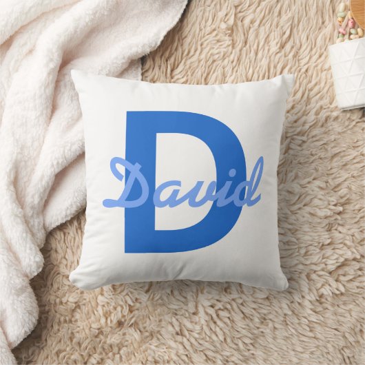 Donker & Lichtblauw Wit Bewerkbare Naam Monogram Kussen (Deken)