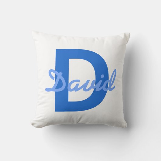 Donker & Lichtblauw Witte Bewerkbare Naam Monogram Kussen (Voorkant)