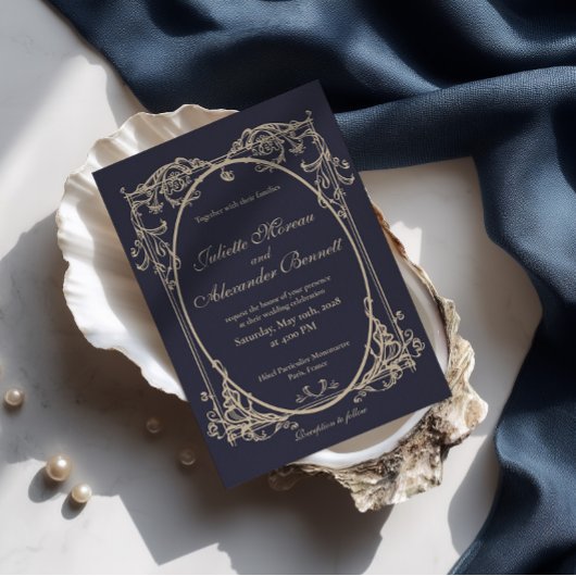 Donker marineblauw barok monogram trouwuitnodiging