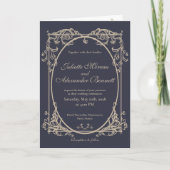 Donker marineblauw barok monogram trouwuitnodiging (Voorkant)