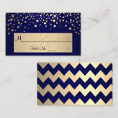 Donker marineblauw en gouden chevron en confetti-s plaatskaartje (Voorkant / Achterkant)