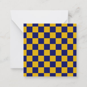Donker marineblauw en mosterdgeel schaakbordpatroo notitiekaartje