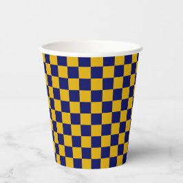 Donker marineblauw en mosterdgeel schaakbordpatroo papieren bekers