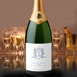 Donker marineblauw foto kroon monogram bruiloft sparkling wijnetiket