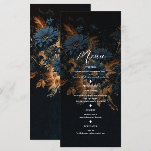 Donker Marineblauw Goud Rustieke Glam Boho Trouwme Menu (Voorkant / Achterkant)