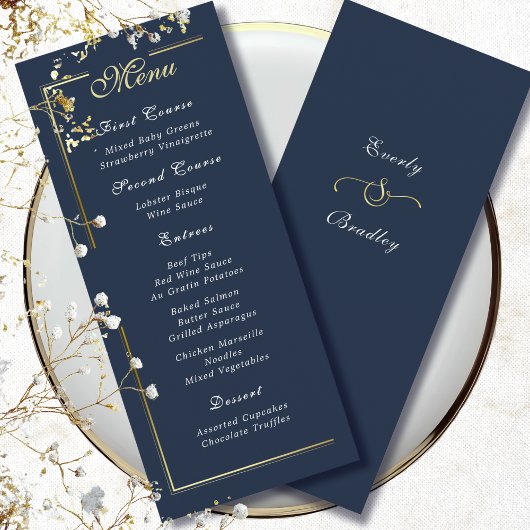 Donker marineblauw gouden frame witte script menu 