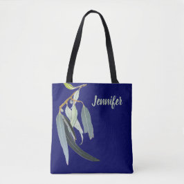 Donker marineblauw met waterverfbladeren genoemd tote bag