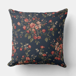 Donker marineblauw rood salie cottage bloemmotief kussen