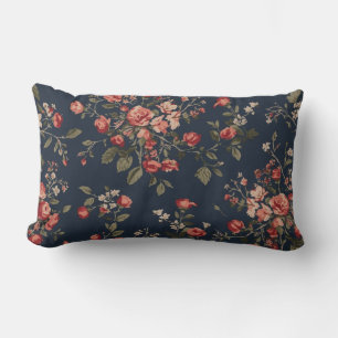 Donker marineblauw rood salie cottage bloemmotief kussen
